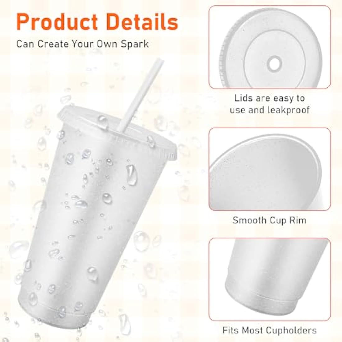 24 Pcs Reusable Cups with Lids and Straws 24 oz Glitter Iced Coffee Tumbler Plastic Travel Mug Cup for Smoothie Juices Birthday Sleepover Party Supplies (Clear)