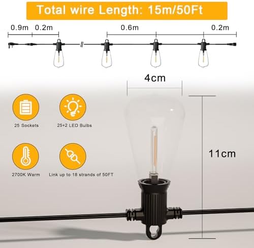 Zuske 15M Festoon Lights Outdoor Mains Powered, Garden String Lights with 25+2 LED Shatterproof Bulbs, IP65 Weatherproof for Outside Backyard Gazebo Porch Patio Cafe Bistro(Warm White) (15M)