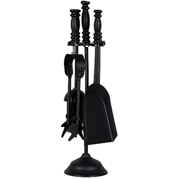 Fire Vida 5 Piece Malham Fireplace Companion Set - Black Steel Fireside Tool Kit with Stand - Includes Poker, Tongs, Brush & Shovel - Ideal for Fireplaces, Wood Burners & Fire Pits