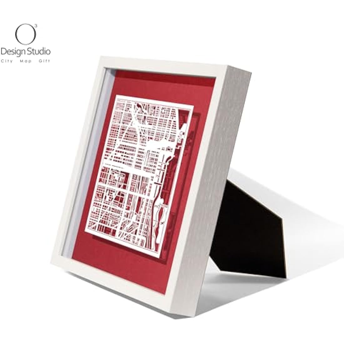 O3 DESIGN STUDIO Chicago Paper Cut Map framed, White map, White frame, 9x9 inches, Gift Boxed, 4 background color, self-changing, Paper Art