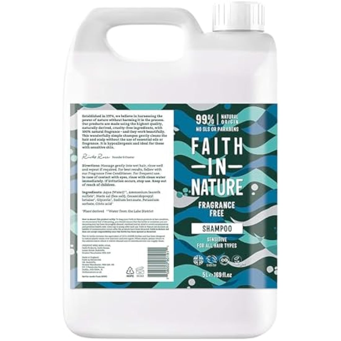 Faith In Nature Natural Fragrance Free Shampoo, Sensitive, Vegan and Cruelty Free, No SLS or Parabens, For All Hair Type, 5L Refill Pack