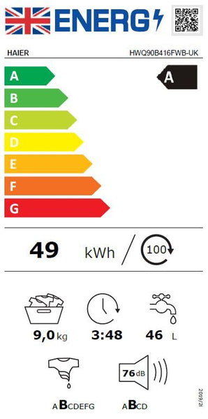 Haier HWQ90B416FWB-UK 9kg Integrated Washing Machine, A Rated, White & Black