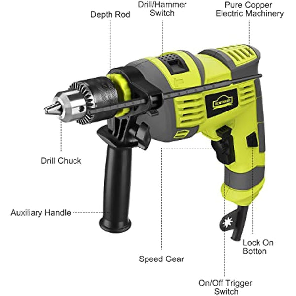 Hammer Drill, 710W Electic Corded Impact Drill, 13mm Metal Chuck, 0-3300RPM, Powerful Variable Speed Drill for Drilling in Steel…