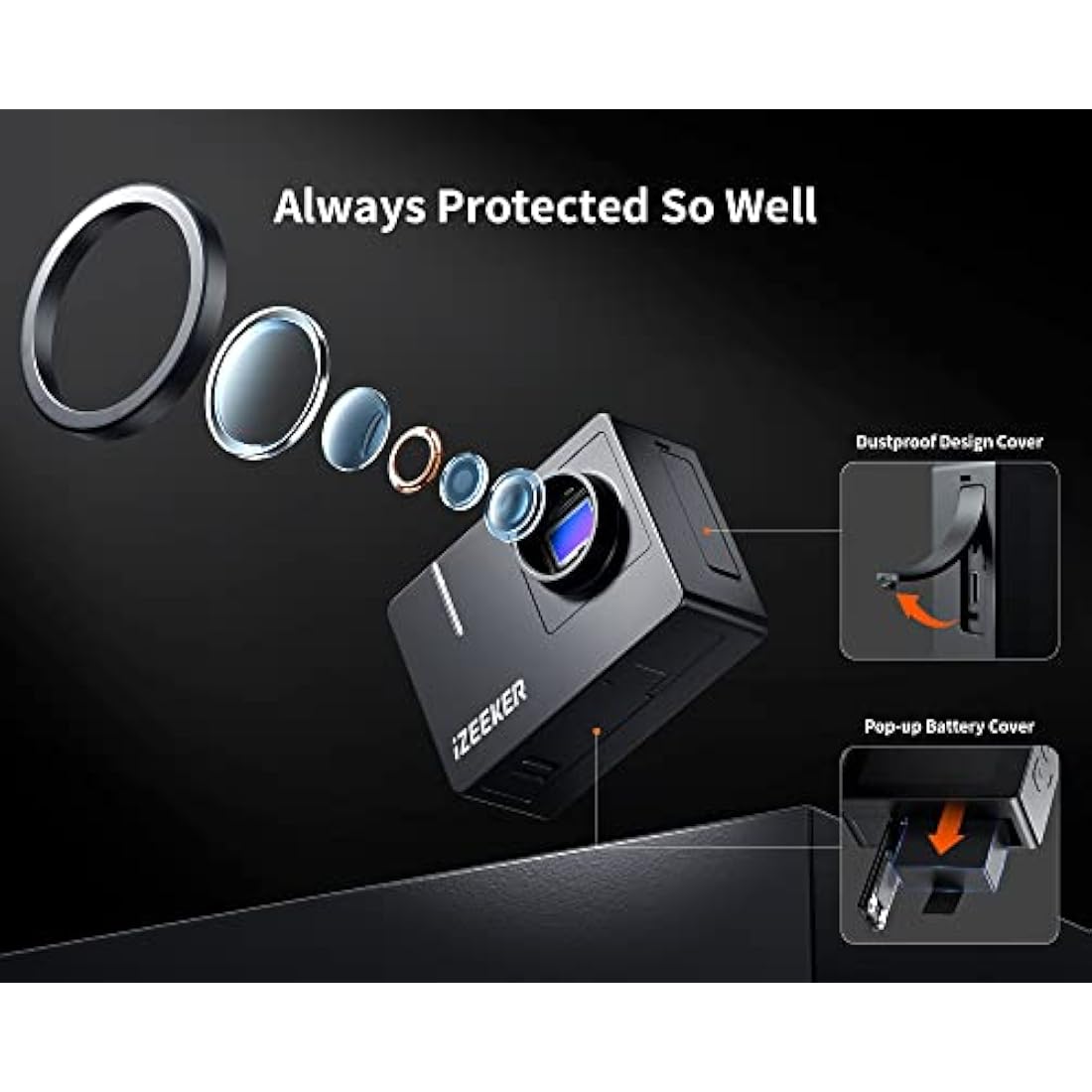 iZEEKER Action Camera 4K 20MP, 40M Waterproof Underwater Camera for Snorkeling, Camcorder with EIS, Helmet Camera with 2" Touchscreen, 170°Wide Angle, 2 Batteries, WiFi, Remote Control, Accessories