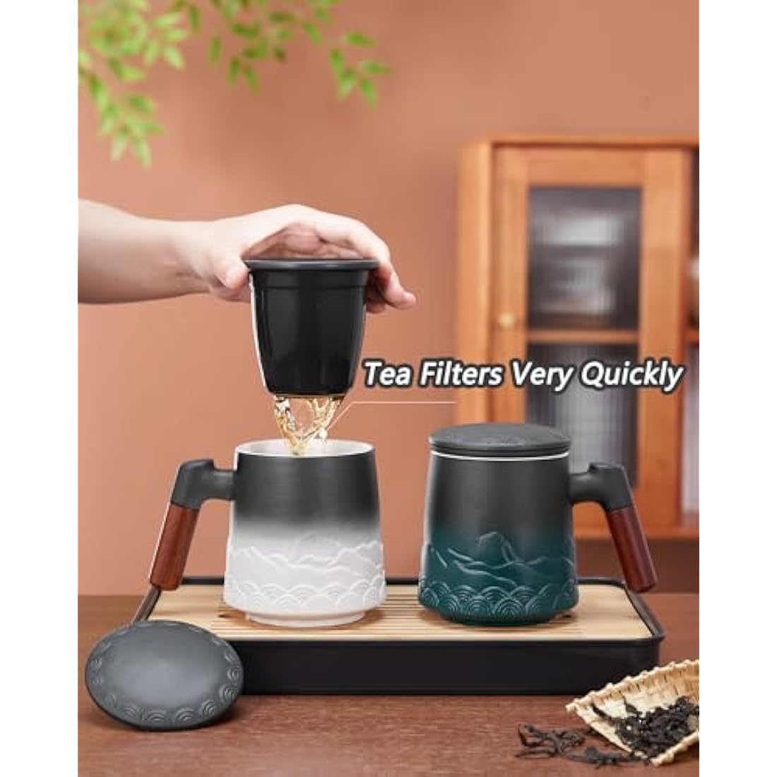 ZENS Tea Mug With Infuser and Lid, 500ML Embossed Ceramic Loose Leaf Cup With Fine Strainers for Diffusers, Wood Handle Infuser Mug for Steeper, Accessories for Women, Gifts for Tea Lovers