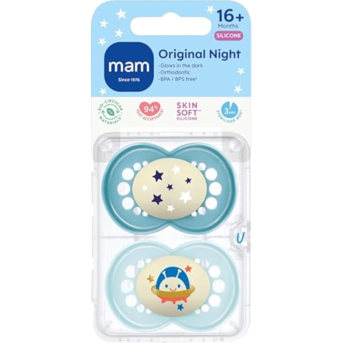 MAM Original Night Soothers | 18-36 Months | 2 Pack | Glow in The Dark Dummies | Comes in Dummy Steriliser Case | Sustainable Materials | Baby Accessories | Blue (Various Designs)