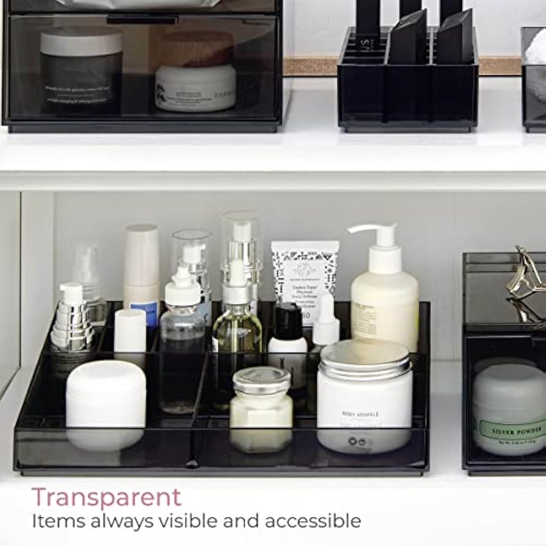 iDesign 13-Compartment Makeup Organiser from the Signature Series by Sarah Tanno, RPET Cosmetics Storage Unit, Makeup Brush Holder, Smoke/Matte Black, 30.48/20.32/7.47