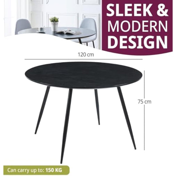 Hallowood Furniture Cullompton Large Black Dining Table with Black Metal Legs, Wooden Effect Top 4-6 Seater Round Table for Dining Rooms, Kitchens, or Cafés