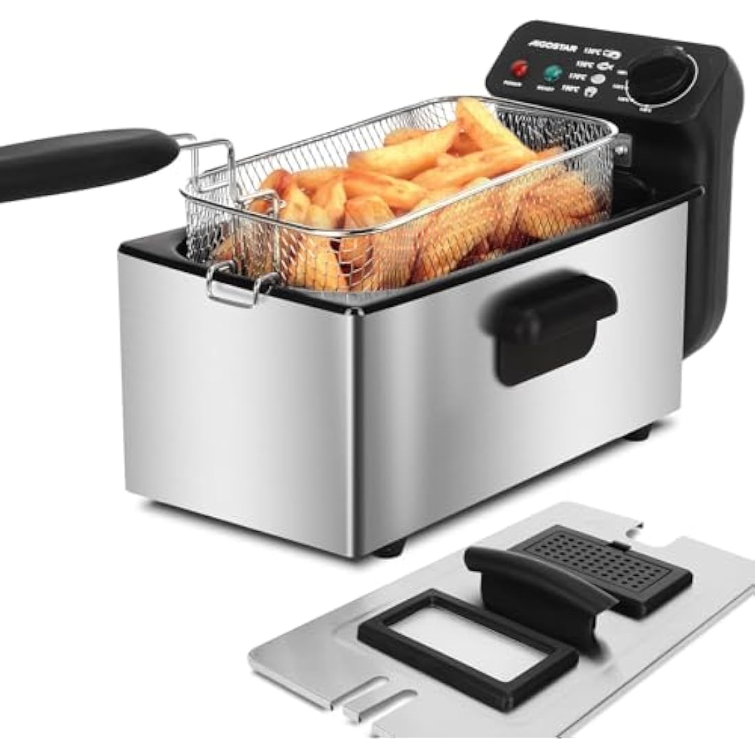 Aigostar Deep Fat Fryer 2200W, 3 Litre Deep Fryer Easy Clean, with Viewing Window, Stainless Steel, Temperature Control, Removable Oil Basket, Silver - Ushas 30JPN