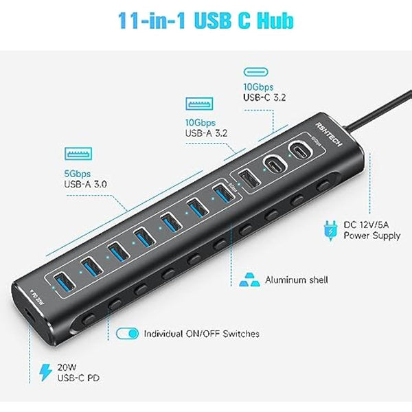 RSHTECH 60W Powered USB 3.2 Hub, 11-Port USBC Hub with 10Gbps Data Port (2C+1A), 7 x USB 3.0 Port and 20W PD, Aluminum USB Splitter with 12V/5A Power Adapter and 3.3ft Long Cable (RSH-A11PD)