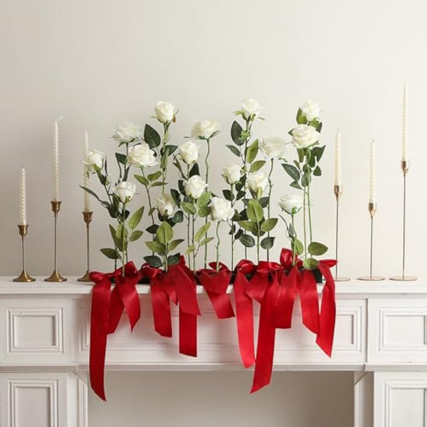 Hawesome 12PCS Artificial Roses Fake Flowers Single Long Stem Blooms with Rose Buds Wedding Decoration Bridal Bouquet Decorative Flower Arrangement Home Decoration Party Centerpieces in Cream White