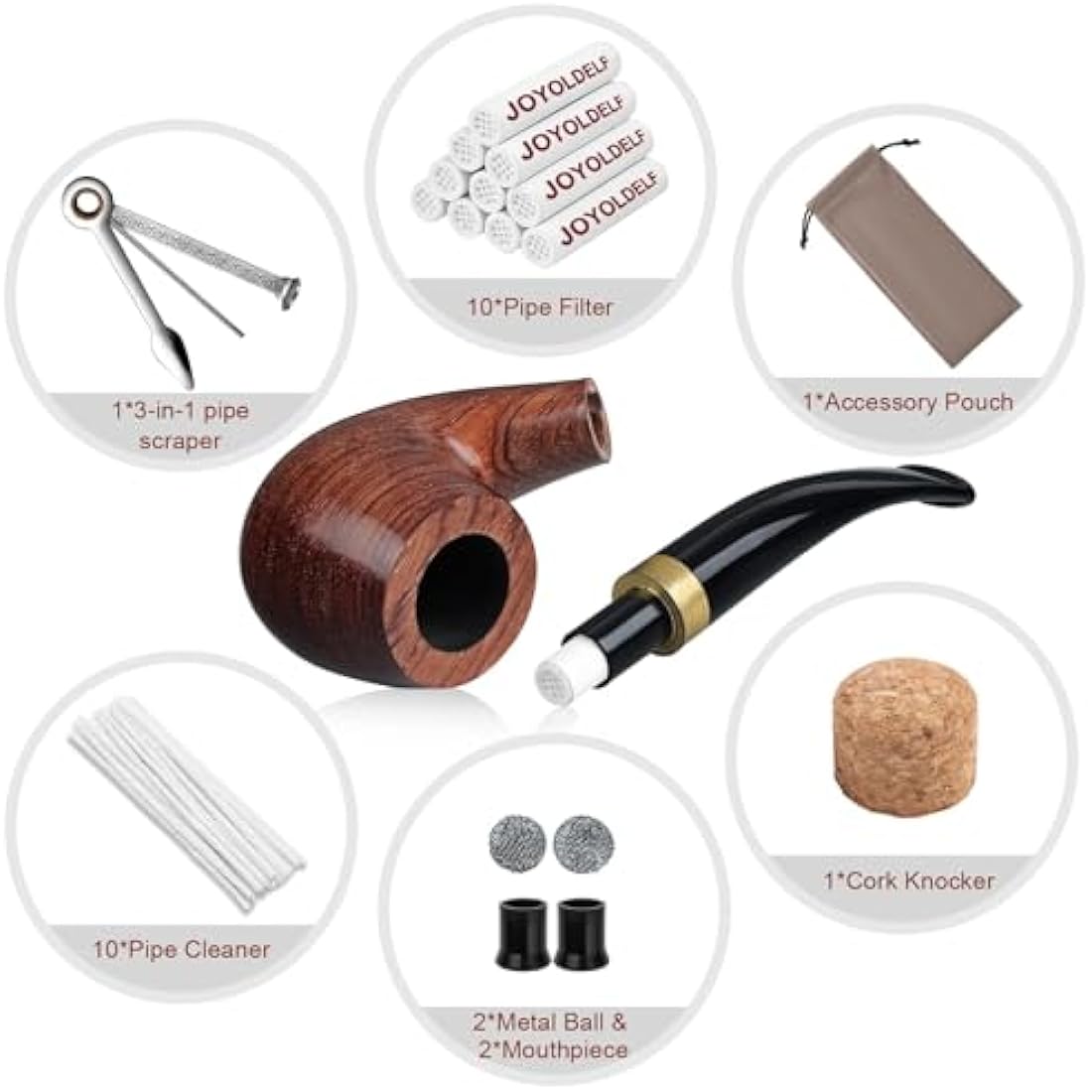 Joyoldelf Handmade Rosewood Tobacco Pipe - Wooden Smoking Pipe with Flat Bottom, Classic Pipe Set for Beginner and Pipe Lover with Gift Box and Accessories