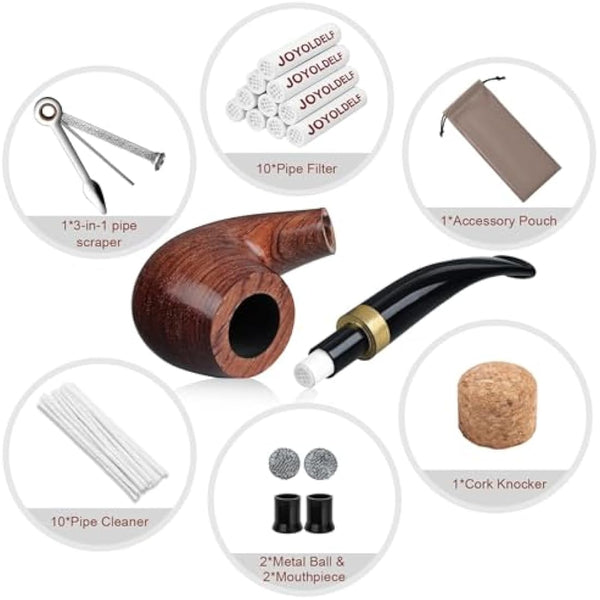 Joyoldelf Handmade Rosewood Tobacco Pipe - Wooden Smoking Pipe with Flat Bottom, Classic Pipe Set for Beginner and Pipe Lover with Gift Box and Accessories