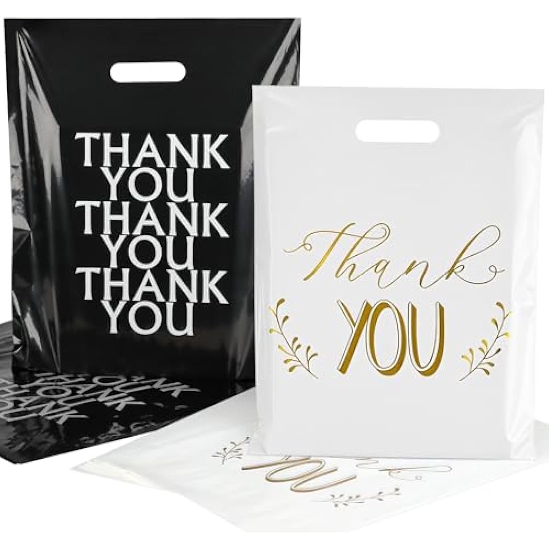 100 Pack Thank You Carrier Bags - 30x38cm Merchandise Retail Plastic Carrier Bags with Handles for Shopping, Gifts, Boutique, Stores, Business, Market Stall, Trade Shows, Wholesale (Black+ White）