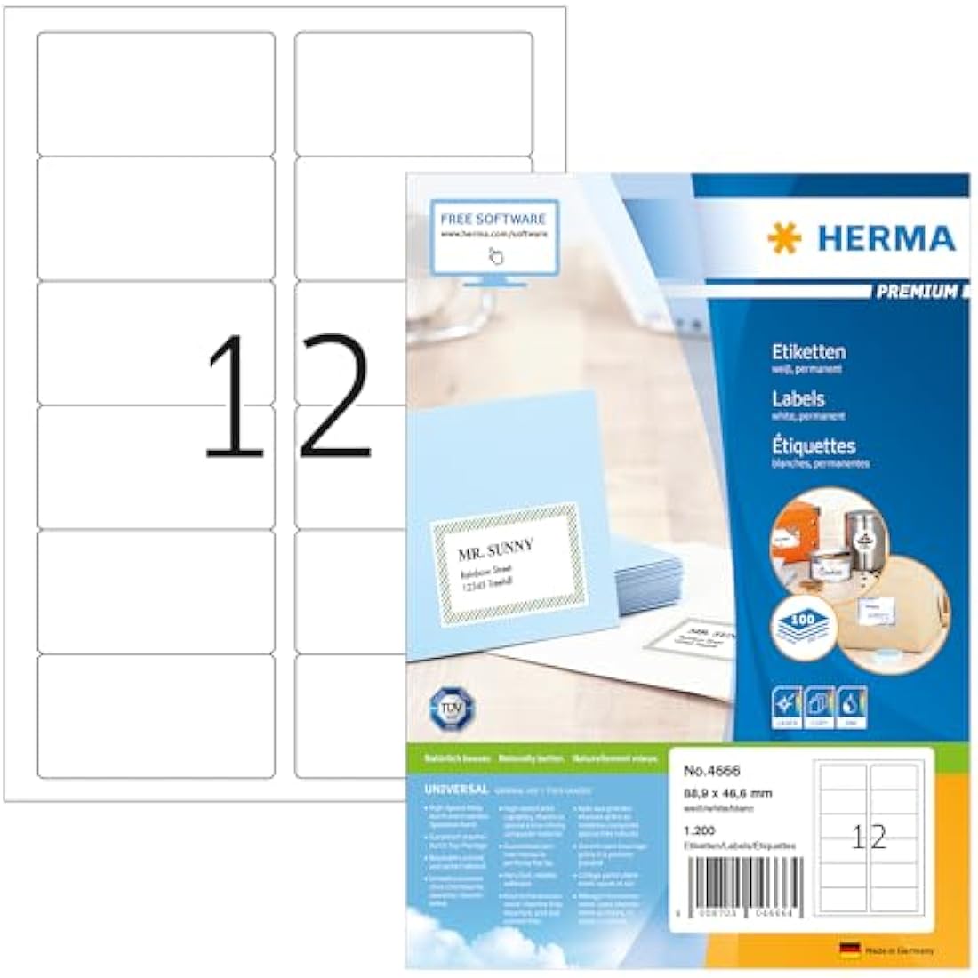 HERMA Self Adhesive Multipurpose Labels, 12 Labels per A4 Sheet, 100 Sheets, 88.9 x 46.6 mm, 1200 Labels, Blank Universal Labels Stickers, Sticky Labels for Laser & Inkjet Printer, White