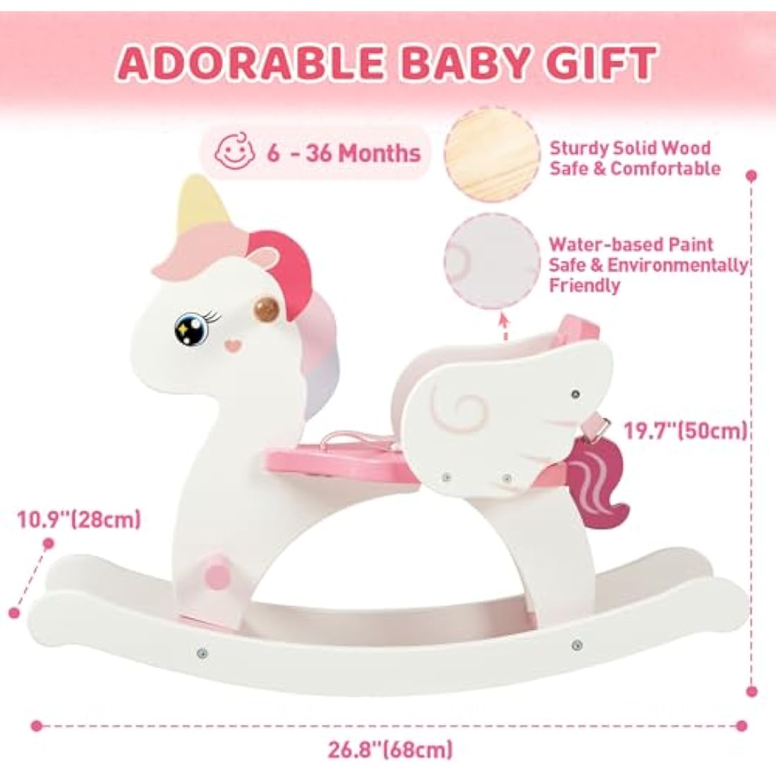 FUNLIO Wooden Unicorn Baby Rocking Horse Ages 0.5-3, Cute Baby Rocking Horse with Safety Belt & Backrest, Easy to Assemble Toddler Ride on Toys, CPC & CE Certified - Pink