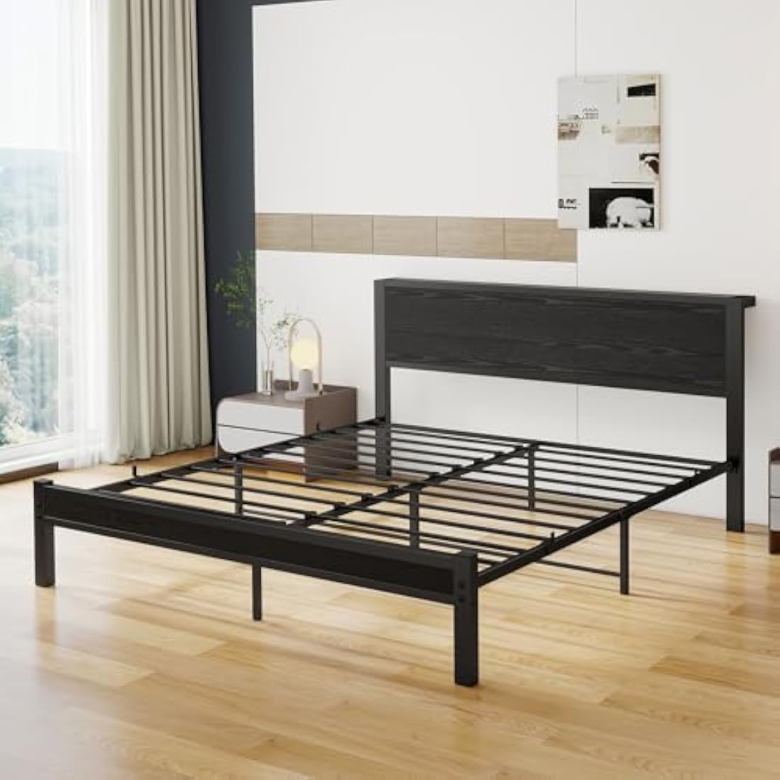 DUMEE King Size Bed Frame with Wooden Storage Headboard, Metal Bed Frame King Size Bed Base/Mattress Foundation, Enhanced Support Noise Free, Black