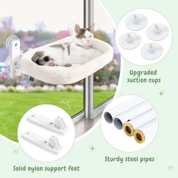 GUUSII HOME Cat Window Bed Hammock Cordless Perch Window Sill Seat for Indoor Cats Kitty Shelves with Sturdy Suction Cups Washable Plush Cushion 53 * 30cm Holds Up to 18kg Easy to Install(Beige)