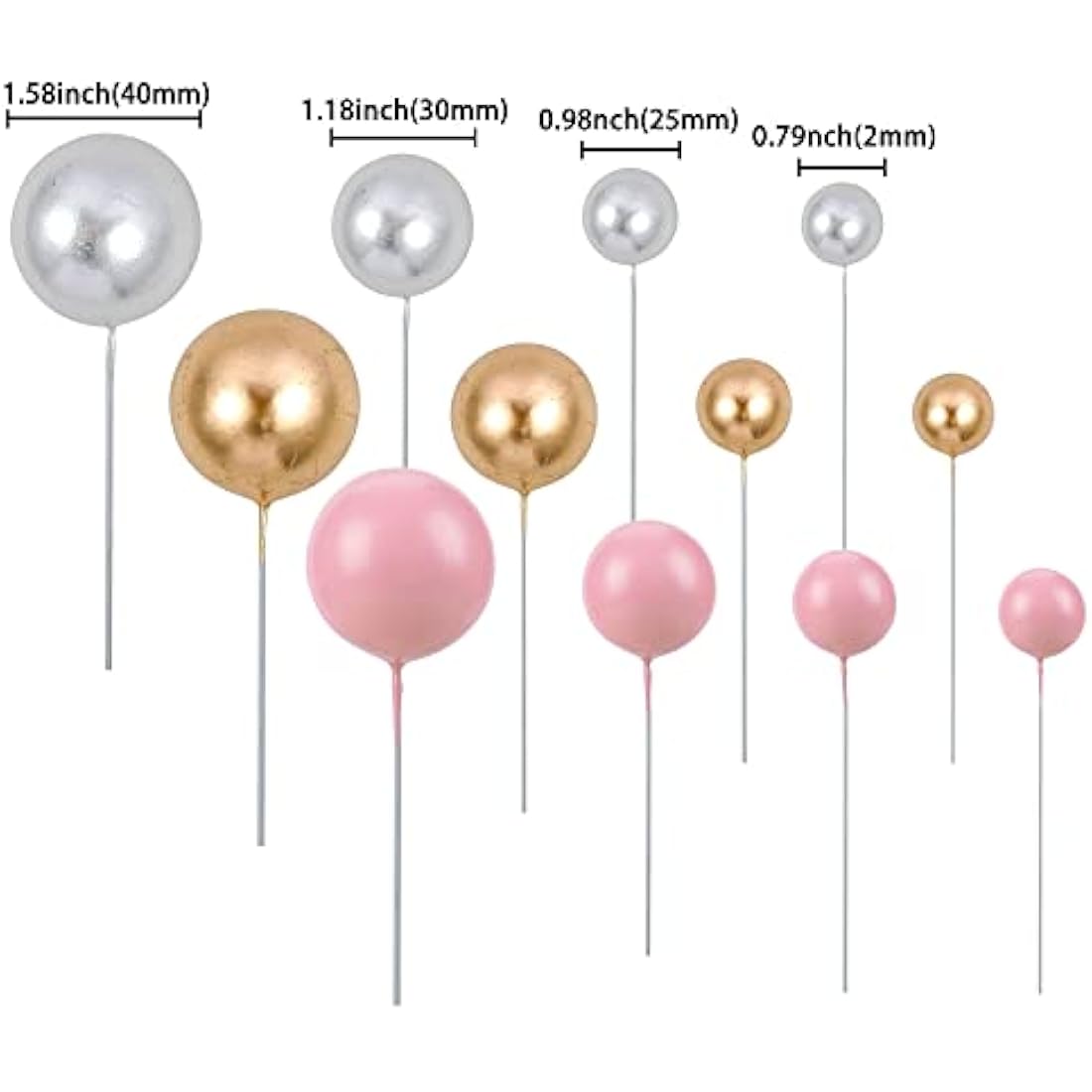 Gyufise 30Pcs Balls Cake Topper Foam Ball Cake Picks Mini Balloon DIY Cake Insert Topper Decoration for Baby Shower Wedding Anniversary Kids Birthday Party Cake Decorations Gold Silver Pink