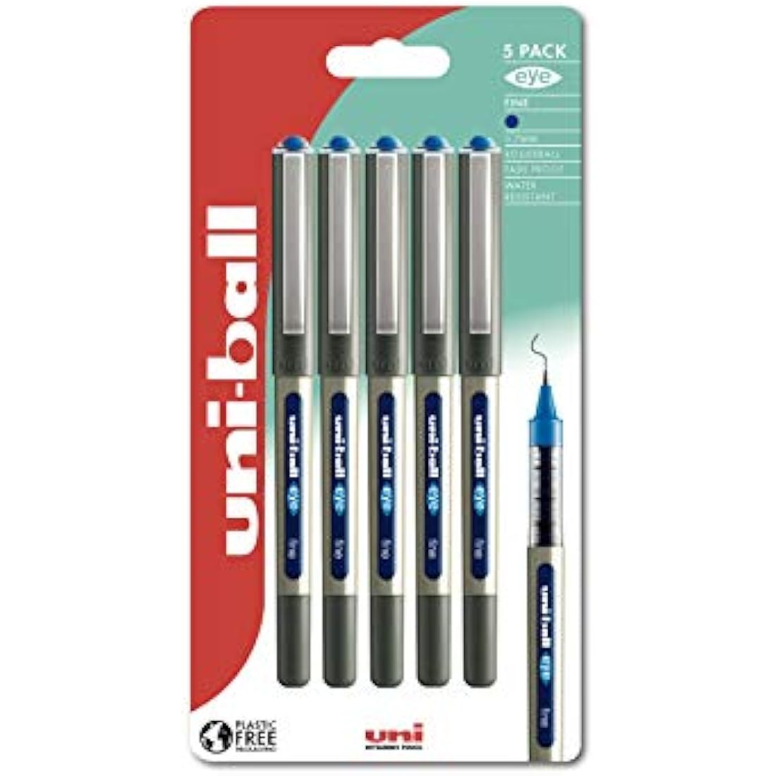 uni-ball UB-157 Eye Rollerball Pens. Premium Fine 0.7mm Ballpoint Tip for Super Smooth Handwriting, Drawing, Art, Crafts and Colouring. Fade and Water Resistant Liquid Uni Super Ink. Pack of 5 Blue