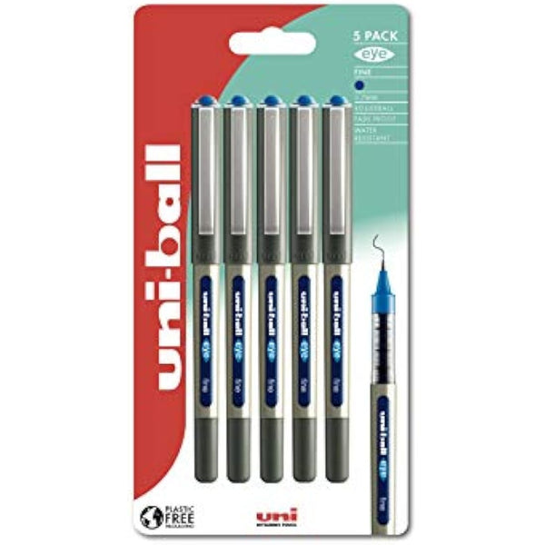 uni-ball UB-157 Eye Rollerball Pens. Premium Fine 0.7mm Ballpoint Tip for Super Smooth Handwriting, Drawing, Art, Crafts and Colouring. Fade and Water Resistant Liquid Uni Super Ink. Pack of 5 Blue