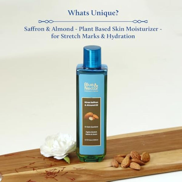 Blue Nectar Saffron & Almond Oil, Ayurveda Product for Crepey Skin | Skin Firming Body Oil for Stretch Marks (12 Herbs, 200ml