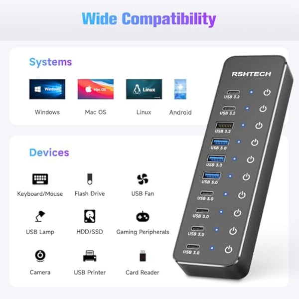 RSHTECH Powered USB C/3.2 Hub 60W, 10 Port USB HUB with 3x 10Gbps USB 3.2 Ports (2C+1A), 7x 5Gbps USB 3.0 Ports (4C+3A), 3.3ft USB-C/A Cable and 12V/5A Power Adapter