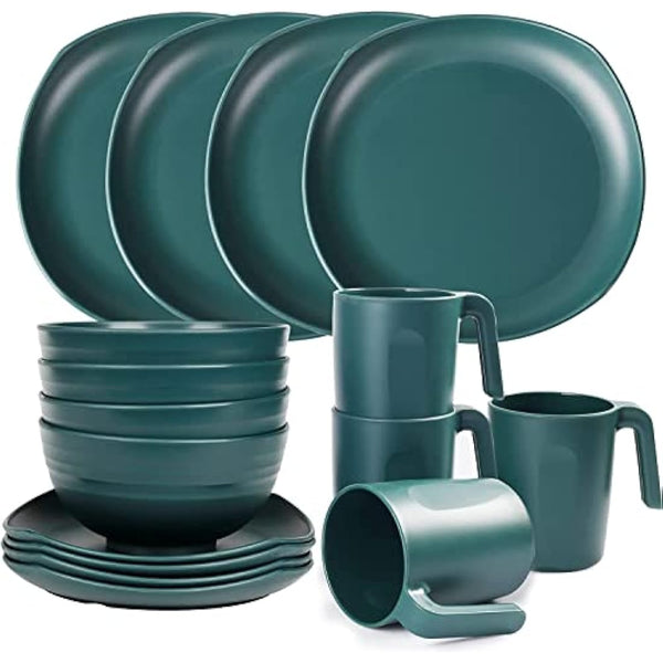 Greentainer Unbreakable Plastic Dinnerware Sets, 16 pcs Lightweight Camping Tableware Set, Microwave & Dishwasher Safe Plates Set, Bowls, Cups Mugs, Service for 4, Great for Kids & Adults - Green