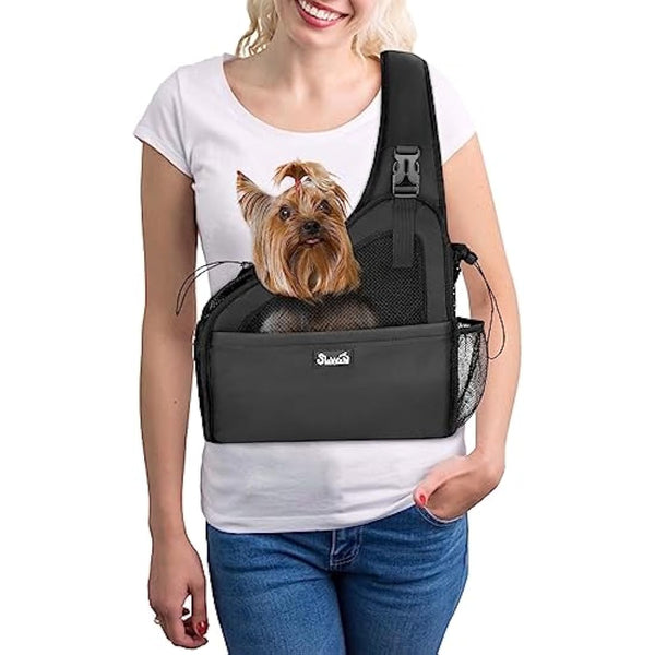 Eyein Pet Puppy Sling Carrier, Up to 6 lbs Hand Free Cat Dog Papoose, Hard Bottom Support Small Animal Travel Tote Bags with Breathable Mesh Adjustable Padded Strap Safety Belt Machine Washable