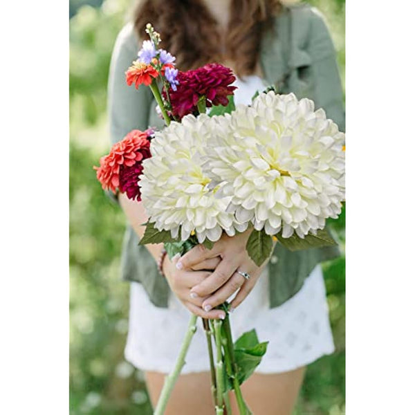 6'' Large Artificial Chrysanthemum Flowers with 25.6'' Long Stem, 4 pcs White Fake Silk Flowers Faux Ball Flowers for Home Decor, Bridal, Wedding, Party, Garden, Floral Arrangement