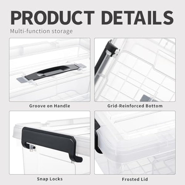 Cetomo 20L*4 Storage Boxes, Carry Plastic Storage Box with Lids, Organizing Container with Handle and Secure Latching Buckles, Stackable, Nestable, Tote Bin for Home Office Clothes, 20L-4Pack, Clear