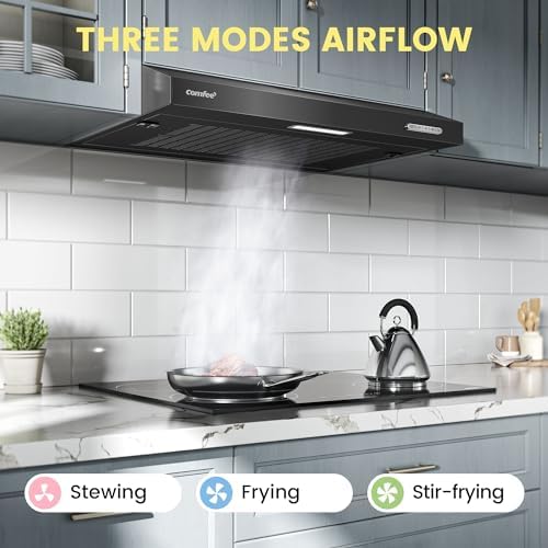 COMFEE' 60 cm Visor Cooker Hood SLIF17B-60 LED Extractor Hood Under Cabinet Hood Wall Mounted Extractor Fan 600 mm Top Vented Range Hood - Black KWH-SLIF17B-60