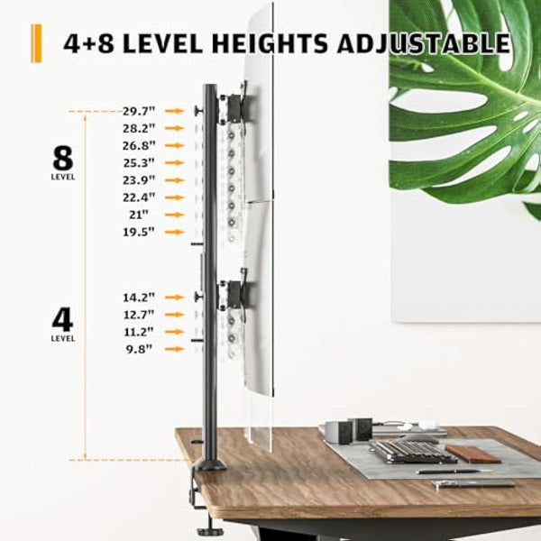 HEMUDU Dual Monitor Articulating Desk Mount Arm Stand - Vertical Stack Screen Supports Two 13 to 34 Inch Computer Monitors with C Clamp