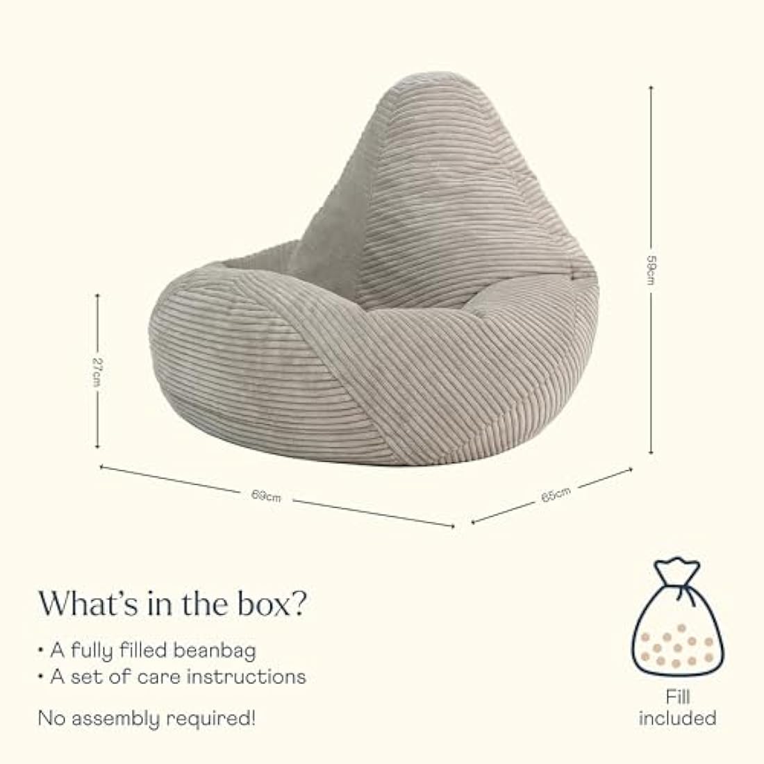 icon Dalton Kids Bean Bag, Beige, Cord Kids Bean Bag Chair with Filling Included for Girls and Boys, Childrens Chair, Beanbags for Children, Playroom Décor, Bedroom Accessories