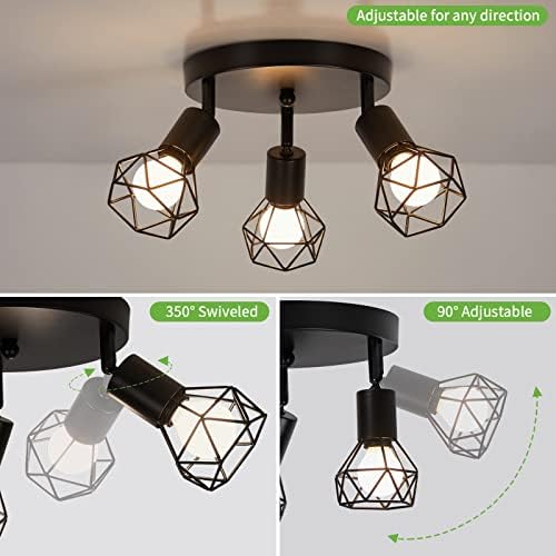 FORCOSO Spotlight Ceiling Light, Retro 3 Way Swiveling Ceiling Spotlight, Rotatable LED Wall Lights, Black Metal Lampshade for Living Room Bedroom Kitchen Loft