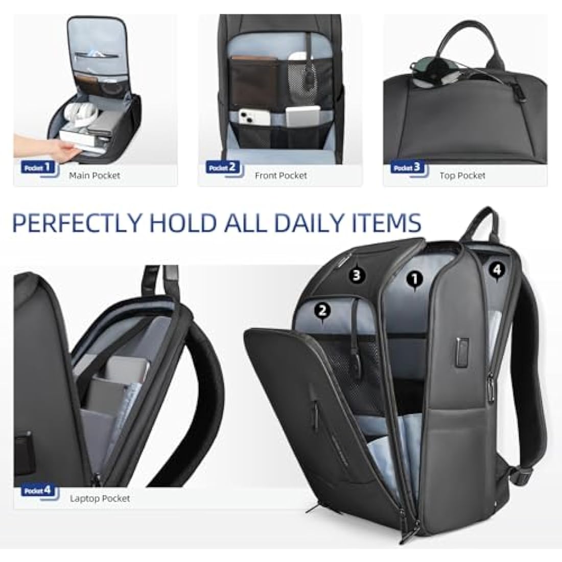 HEROIC KNIGHT Travel Laptop Backpack, Water-Resistant 15.6 Inch Business Laptop Rucksack Bag with USB Charging Port, Anti-Theft Carry on Backpack, High-Tech Casual Daypack for Work Office College