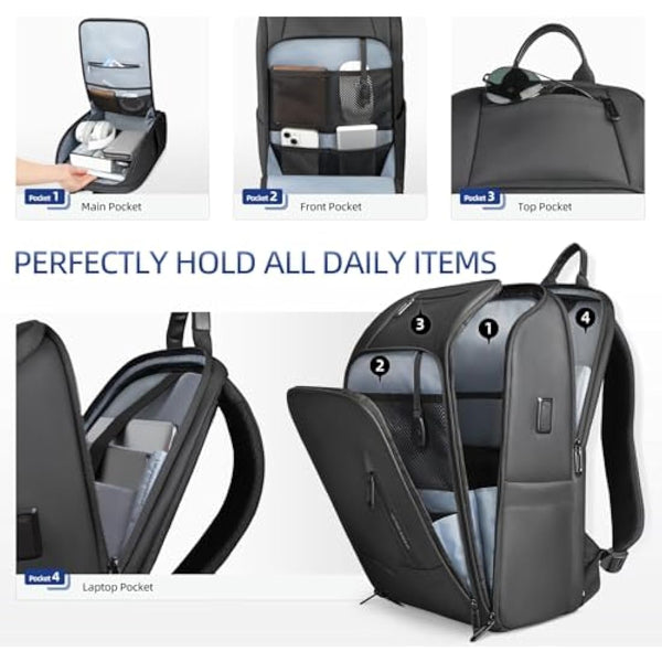 HEROIC KNIGHT Travel Laptop Backpack, Water-Resistant 15.6 Inch Business Laptop Rucksack Bag with USB Charging Port, Anti-Theft Carry on Backpack, High-Tech Casual Daypack for Work Office College