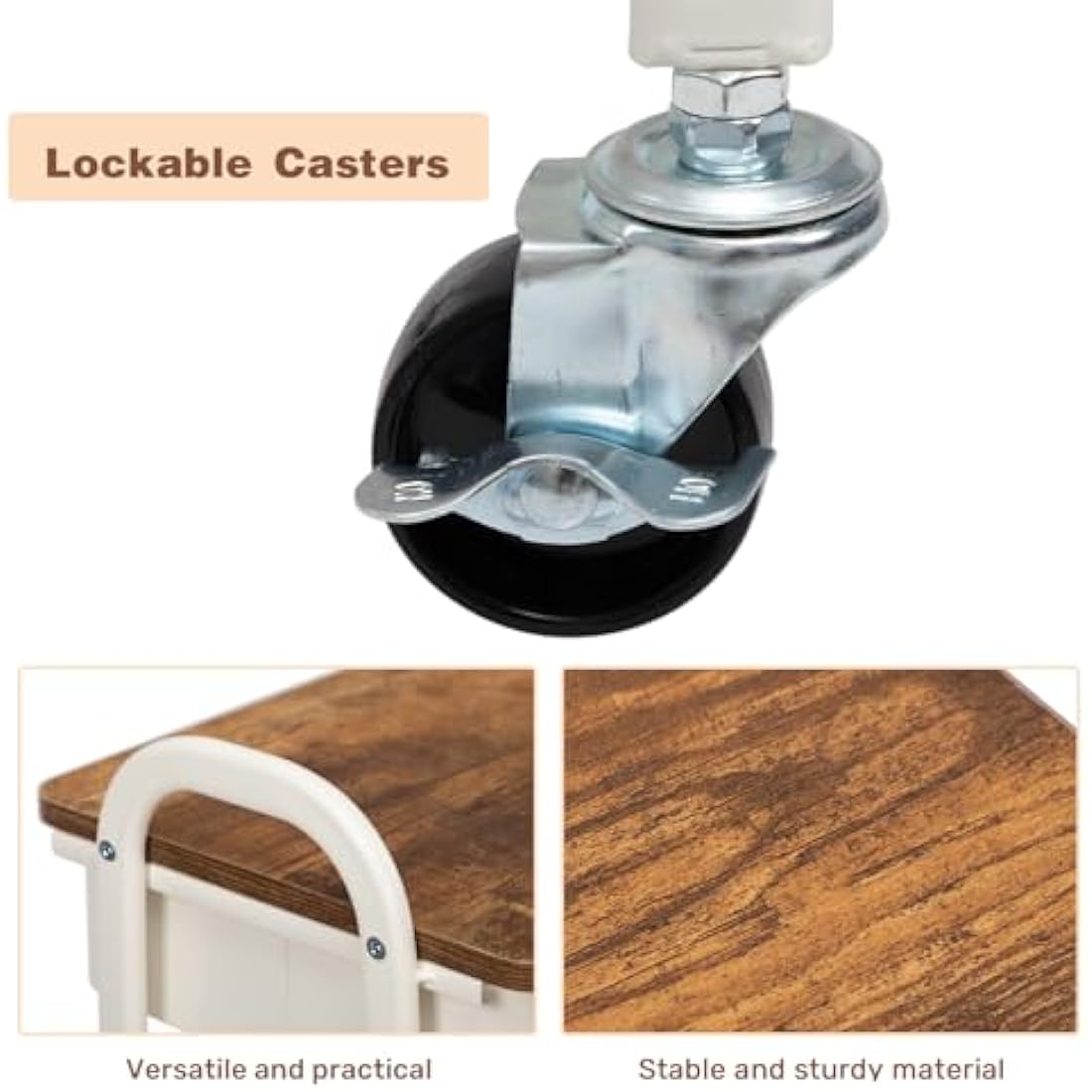 DOEWORKS Storage Trolley on Wheels Metal 3-Tier Trolley Cart with Drawer Rolling Kitchen Trolleys Beauty Trolleys with Leather Handle for Room Bathroom Office, White