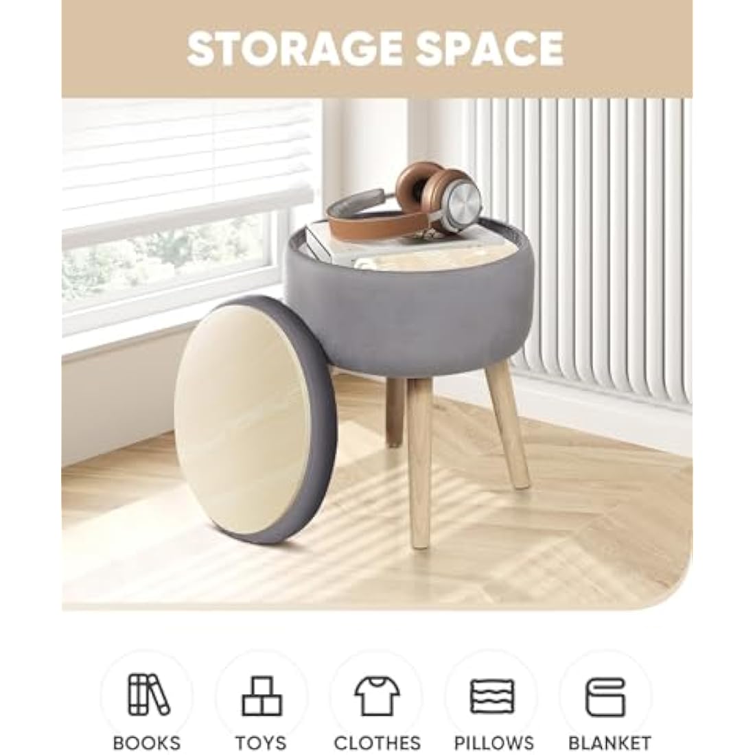Bonlife Makeup Vanity Stool Side Table,Velvet Storage Footrest Ottoman Stool Seat Toy Box Storage Coffee Table with Wool Legs,Grey,36x36x45cm