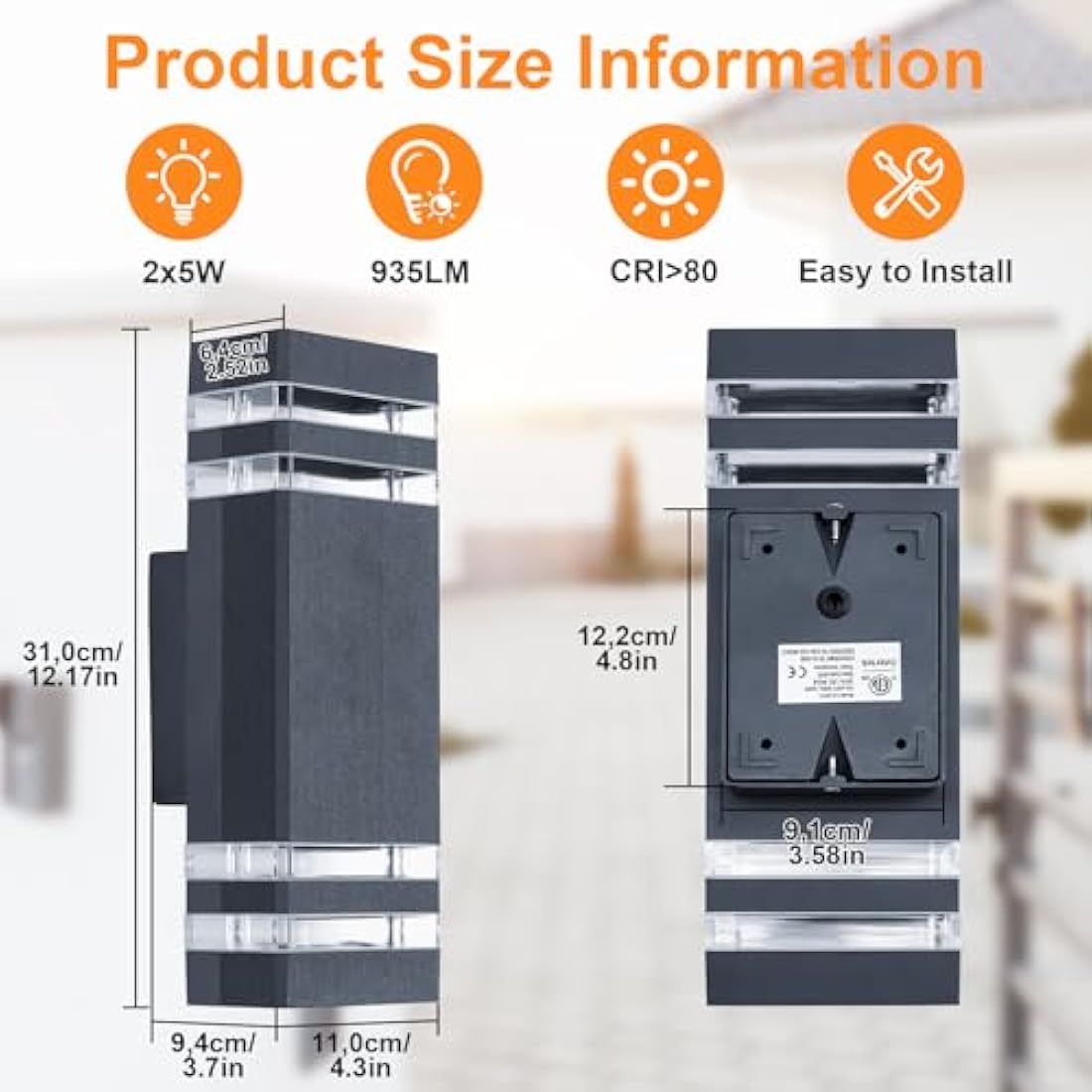 CELAVY Outdoor Wall Lights Mains Powered Outside Up Down Lights, IP65 LED Porch Front Door Light, Waterproof Square GU10 Exterior Modern Lighting External Electric Sconce Lamp for House 2 Pack, Grey