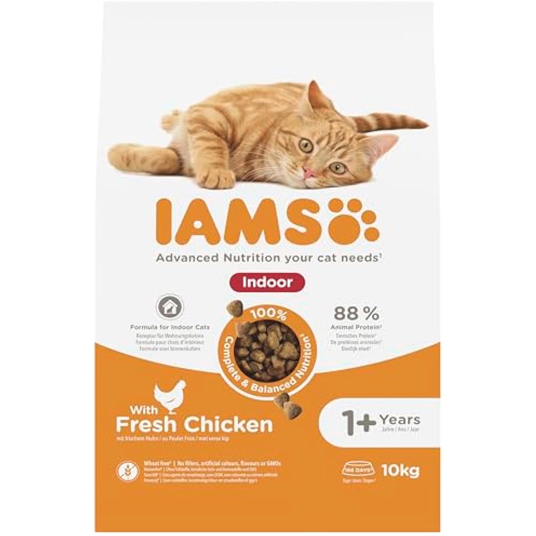IAMS Indoor Complete Dry Cat Food Chicken 10kg - Litter Odour Control, Hairballs & Weight Management