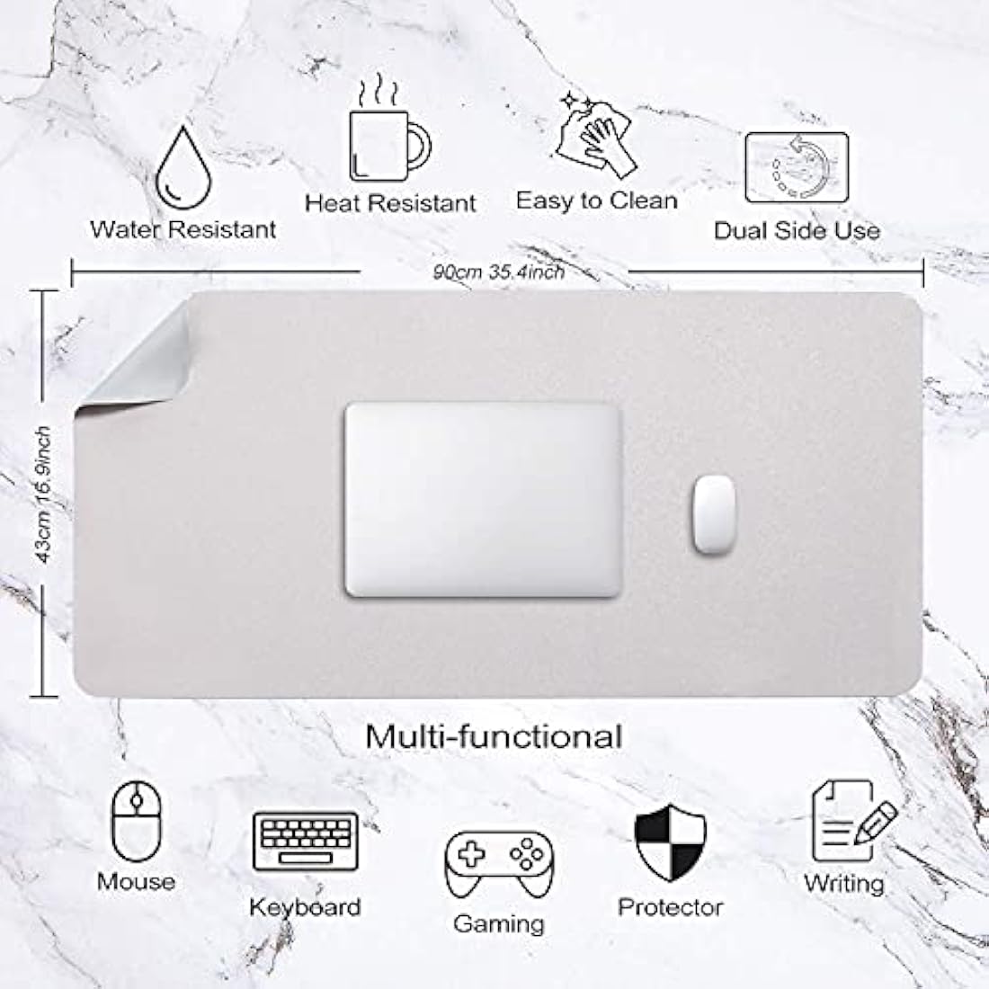 Desk Pad Large, Desk Mat, Extended Mouse Mat, Mouse Pad XXL, Desk Blotter, DOBAOJIA Laptop Pad Writing Pad for Office/Home, Dual-Side Use PU Leather Waterproof 35.4" X 16.9" (Light Gray/Silver)