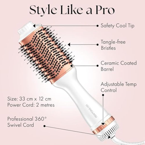 Hair Dryer/Hot Air Brush with Adjustable Temperature - for Styling Short, Medium & Long Hair - Women Hair Volumizer & Styler - Lily England Heated Hair Dryer