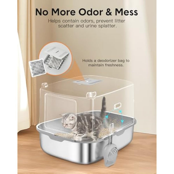 Papettly High Sided Stainless Steel Litter Box with Lid, Extra Large Cat Litter Trays Hooded Cat Litter Box, Enclosed Litter Box for Big Cats with Cat Litter Mat, Scoop, Brush, Easy Clean, Detachable