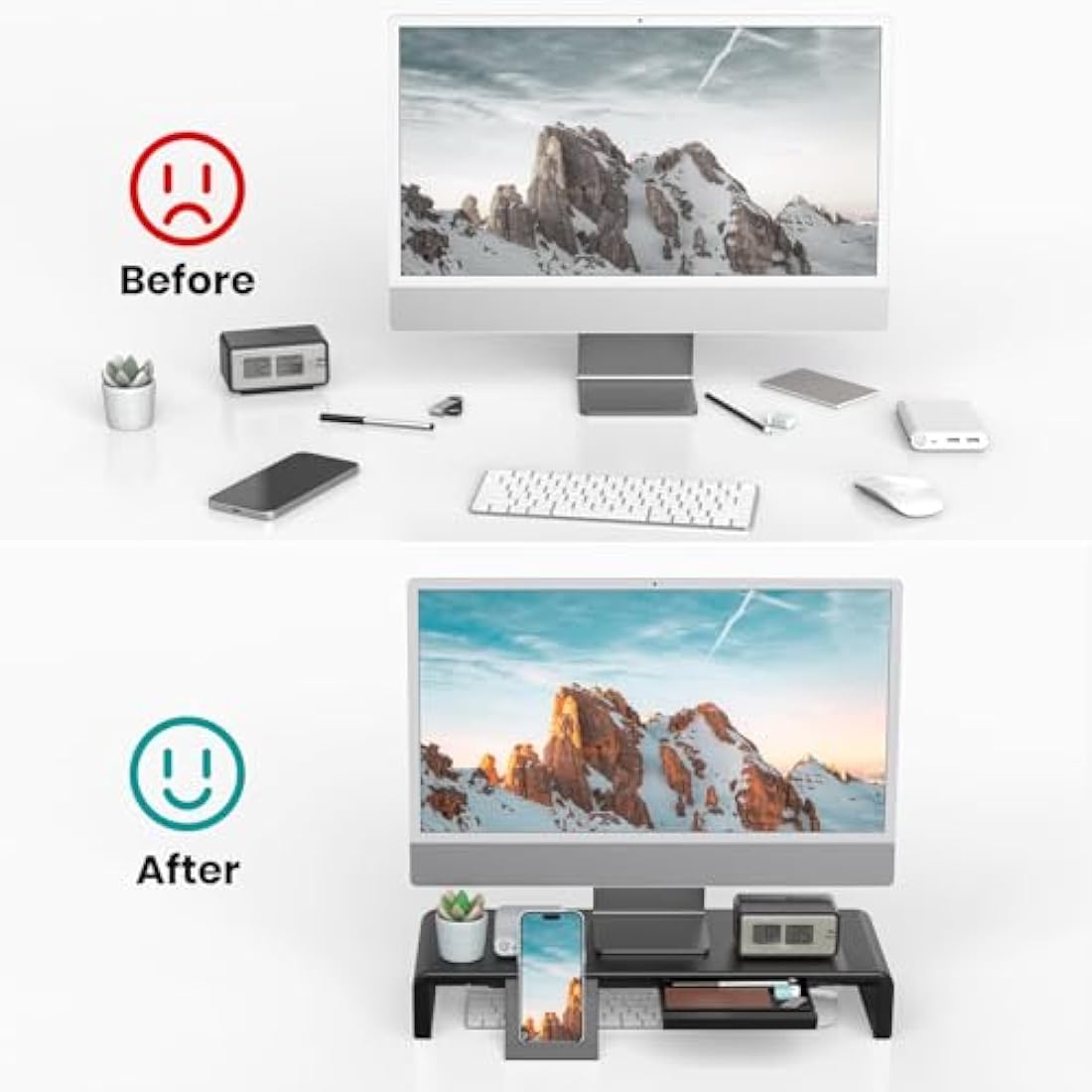 Foldable Monitor Stand - Klearlook Computer Monitor Riser with Storage Drawer&Tablet Phone Stand| Width Adjustable Monitor Stands for Desks| Desk Shelf Riser for Computer, Desktop, Laptop| Black