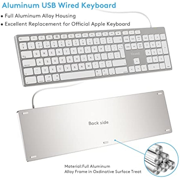 All-Aluminium Wired Keyboard for Apple Mac OS Layout with Numeric Keypad, Durable and Sleek Design, Plug-n-Play Cable Connection in USB-A or USB-C, Compatible with iMac/Mac Mini/MacBook Laptop-Silver