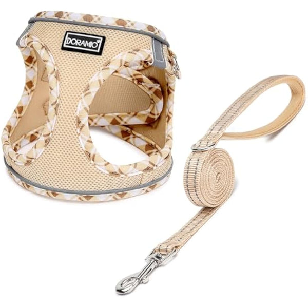 DORAMIO Step-in Dog Harness and Leash Set, Soft Mesh No-Chock Reflective Breathable Easy Walk Lightweight Vest Harnesses with Safety Buckle for Small Dogs, Cats, Puppies (Beige Yellow, XXS)