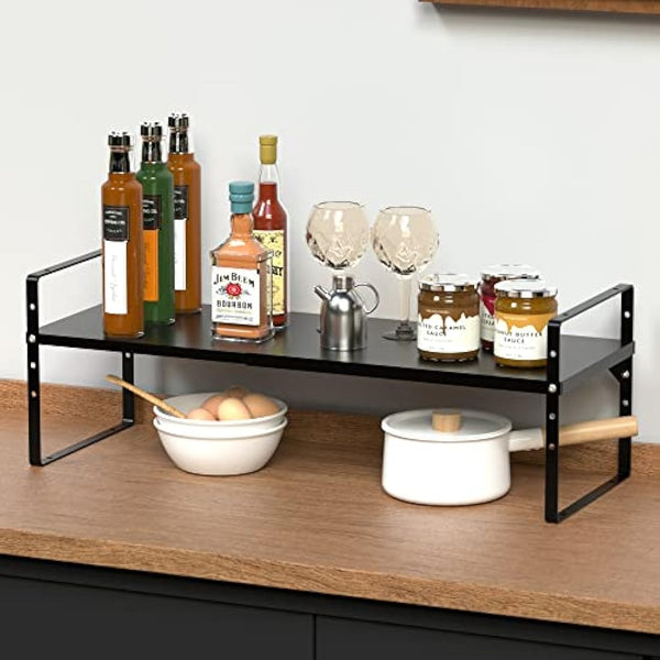 ARCCI Expandable Kitchen Cabinet Shelf Organizers, Stackable Metal Pantry Storage Shelves Rack, Adjustable Counter Spice Shelf for Cabinets, Countertop, Cupboard Organizers and Storage, Black