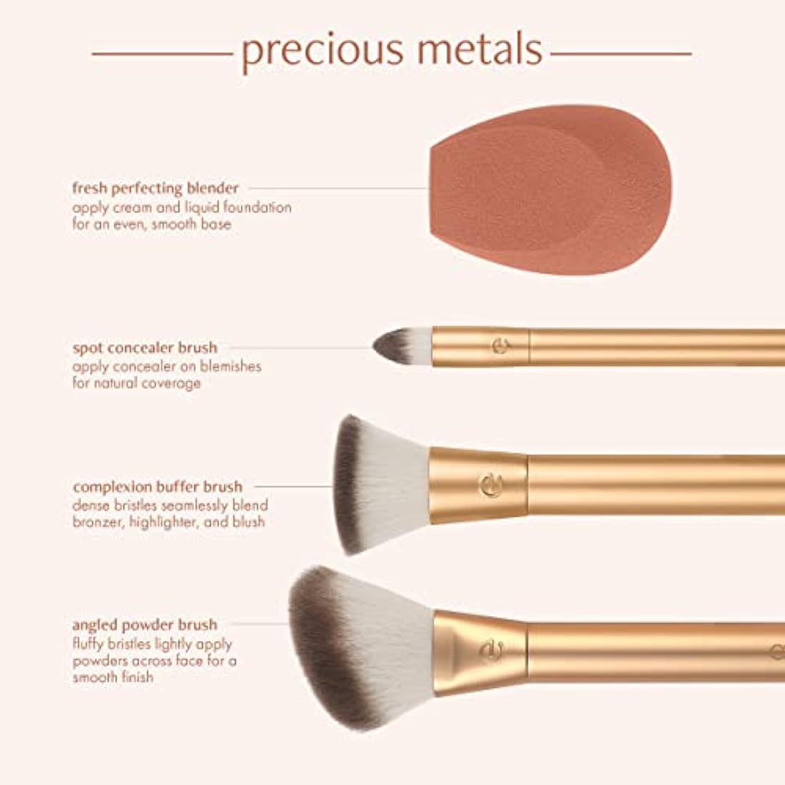 EcoTools Precious Metals Face Blend & Sculpt Set, Makeup Brush Kit, Foundation Brush, Eco-Friendly & Vegan Makeup Brush Kit, Recycled Aluminum, 4 Piece Set