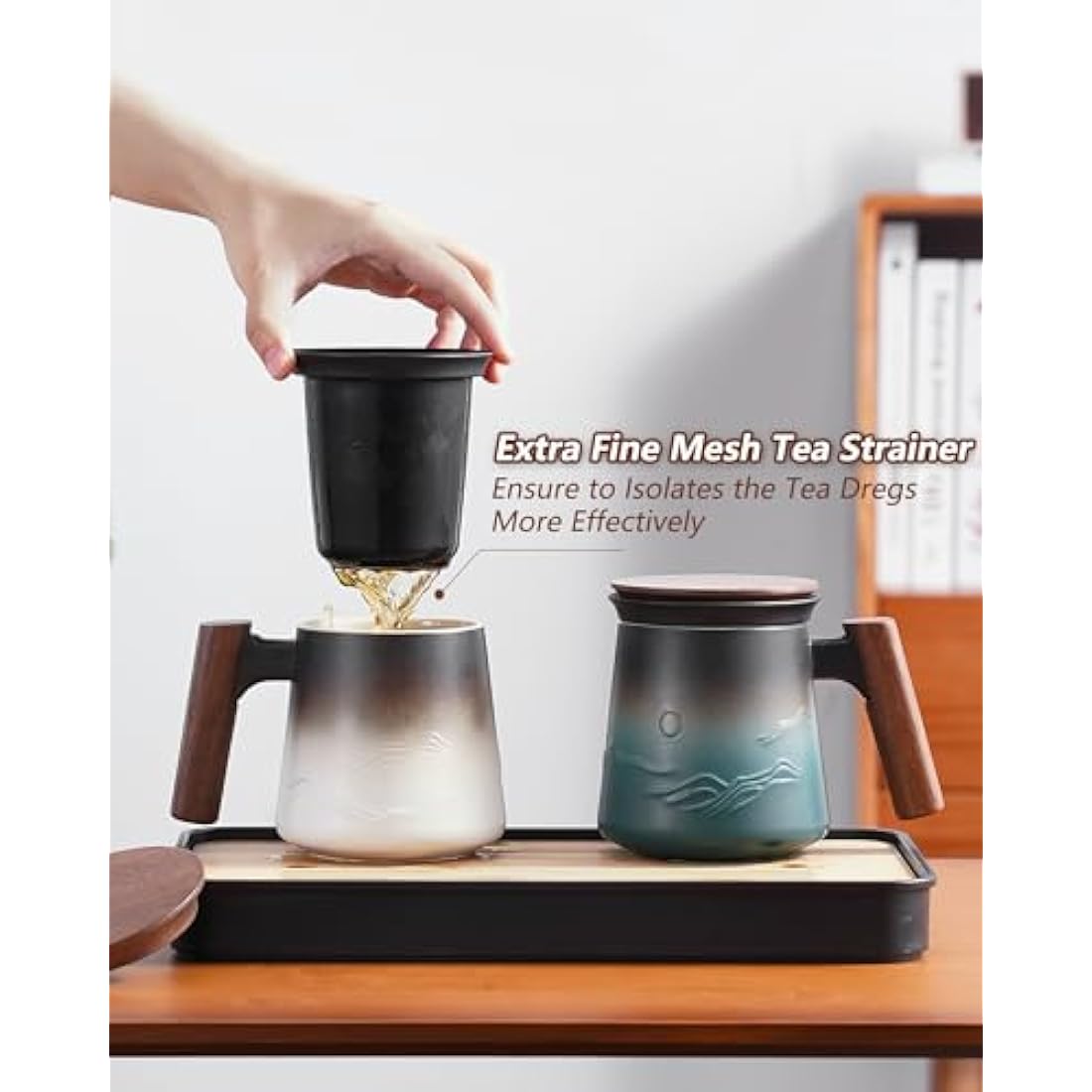 ZENS Tea Mug with Infuser and lid for Loose Tea, 430 ML Embossed Ceramic Tea Cup with Strainers for for Hot Tea Diffusers, Wood Handle Loose Leaf Tea Mug Tea Accessories for Tea Lovers Gifts